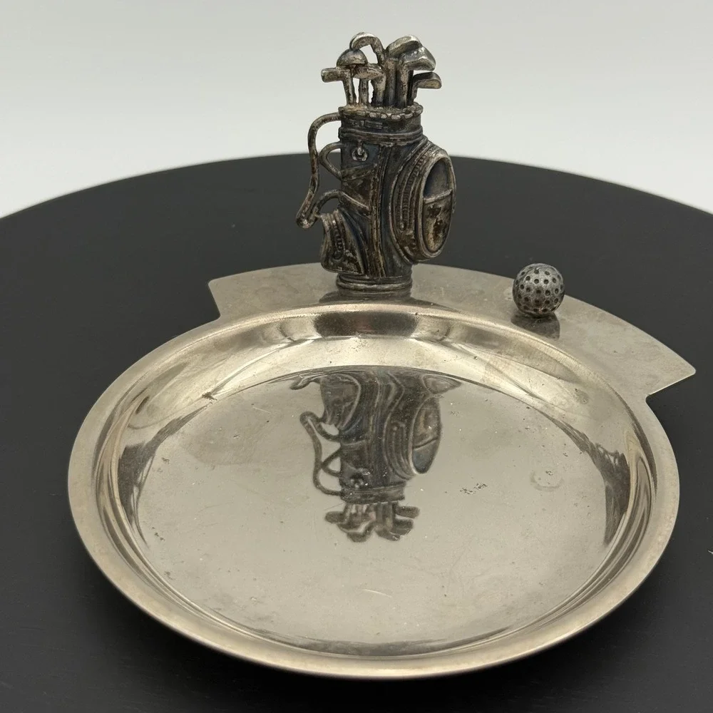 Vintage Golf Bag and Ball Silver Tone Metal Valet Tray Trinket Dish Ashtray